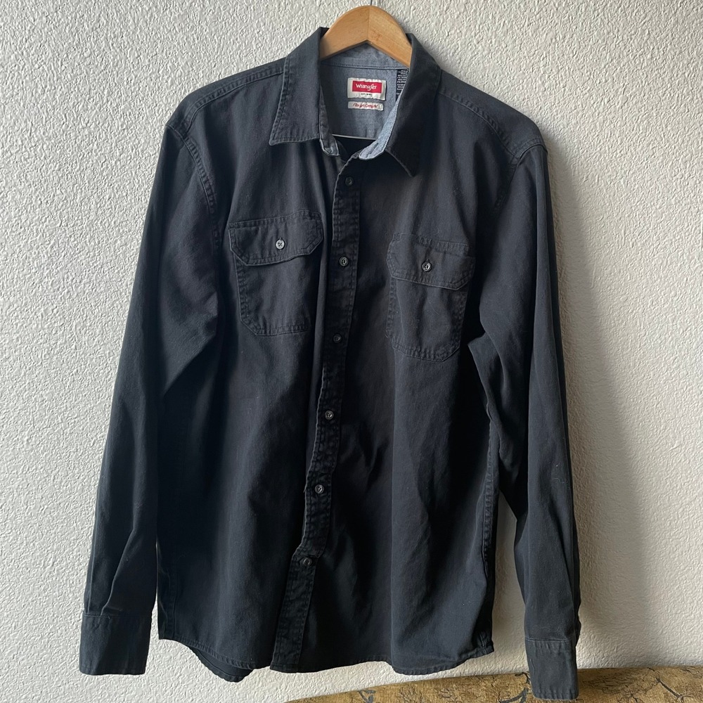 Wrangler Mens XL Flex for Comfort Long Sleeve Button Down Shirt Black Stretch